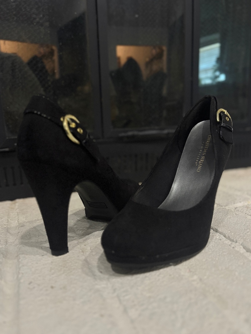 Vintage Y2K Christian Siriano Black Suede Pointed-Toe Pumps with Gold Accent